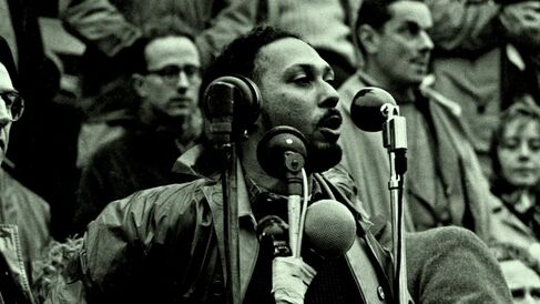 Stuart Hall speaking at Trafalgar Square - Hall Family Archive